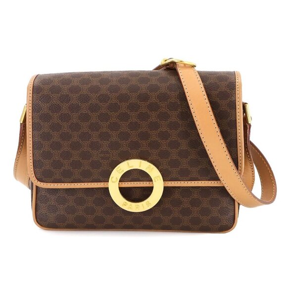 CELINE Macadam Shoulder Bag Leather PVC Brown Circle Logos Vintage 90287615 - Picture 1 of 12